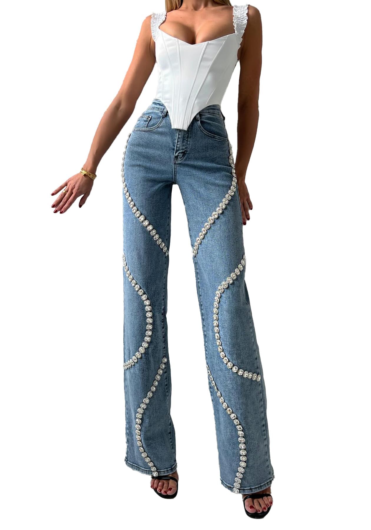 Photo 1 of Unybwonn Women High Waist Jeans Rhinestone Trim Bling Baggy Denim Pants Y2k Straight Wide Leg Trousers Streetwear Blue