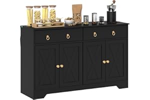HOMCOM 48" Sideboard Buffet with Storage, Kitchen Storage Cabinet with 2 Drawers and 4 Barn Doors, Farmhouse Coffee Bar Cabinet with Adjustable Shelves, Black