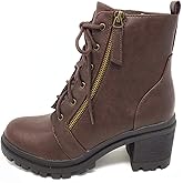 Soda Indiana Women's Faux Leather Lace Up High Chunky Heel Ankle Booties