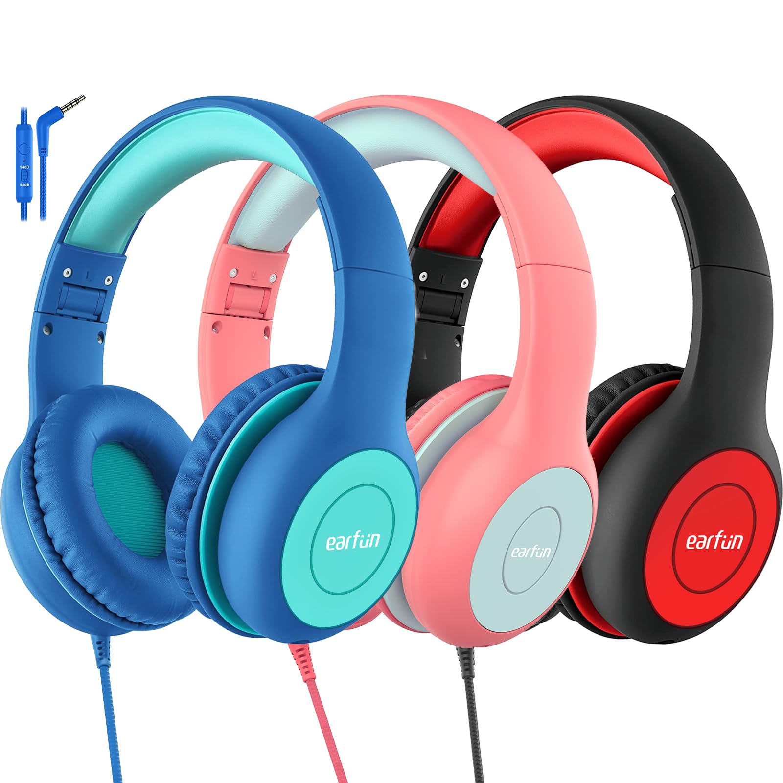 EarFun Kids Headphones 3 Packs, Wired Headphones for kids 85/94dB Volume Limit, Sharing Function, Stereo Sound Adjustable Headband Children Headphones for School/Travel/Phone/Tablet, Blue Green — image 1