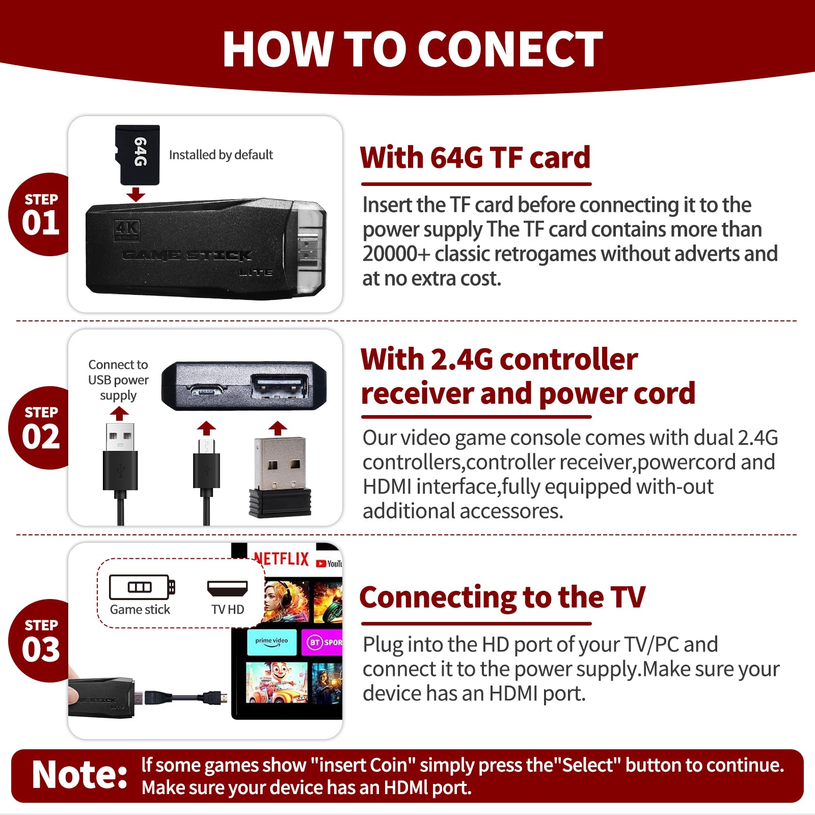 Wireless Retro Game Console, Video Game Console with Built-in 9 Emulators, 20,000+ Games, 4k Hdmi Output, and 2.4GHz Wireless Controller, Nostalgia Gaming Stick，Plug & Play TV Video Games(64G)