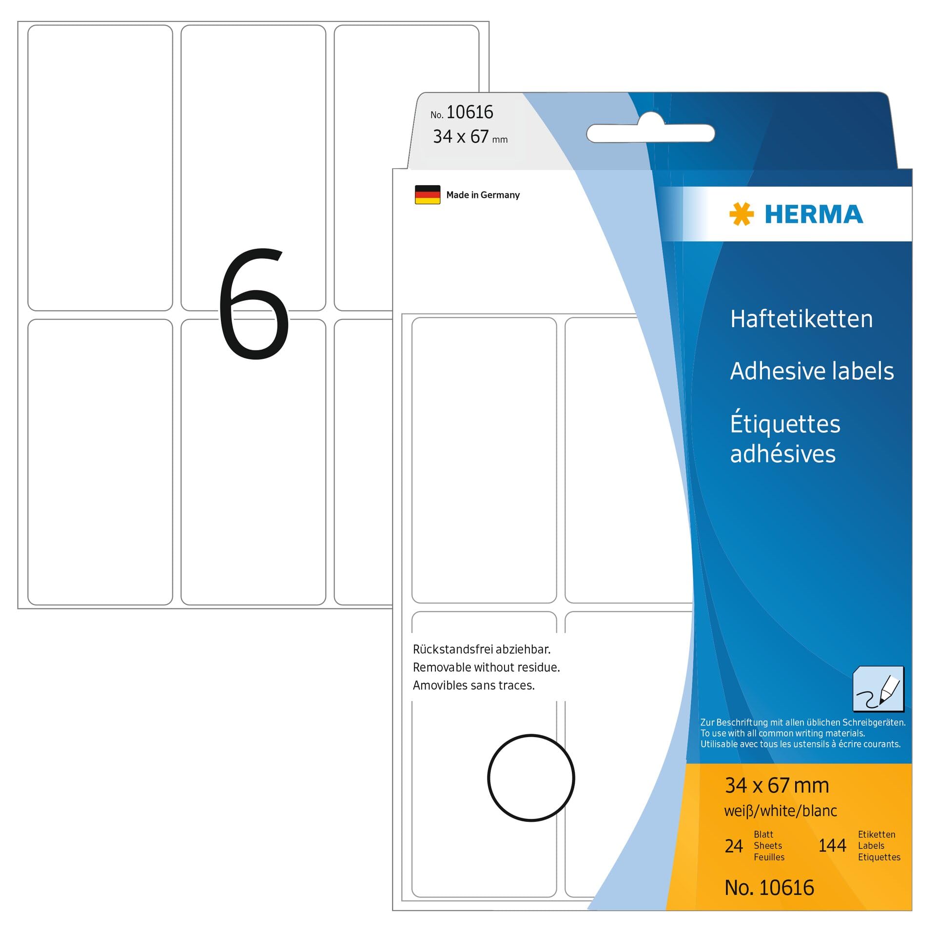 HERMA Movables - Selbstklebende Etiketten - weiß - 34 x 67 mm 192 Stck. (32 Bogen x 6)