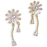 JeanBeau Daisy Flower Dangle Drop Stud Earrings for Women, Cute Sparkly Dangling Sunflower Floral Earing Valentine Prom Fashion Jewelry Gift.