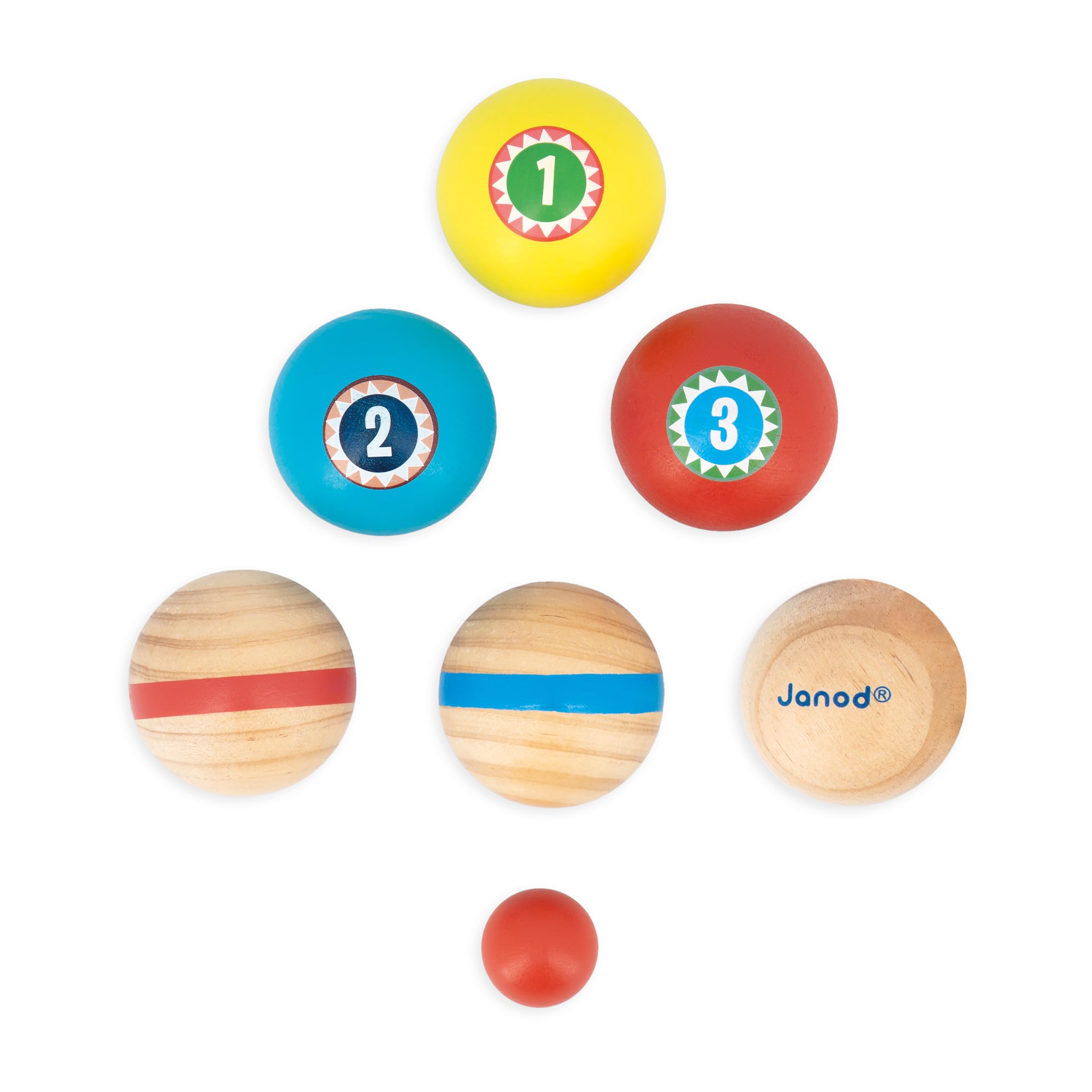 Janod - Applepop Children’s Boules Set Game of Skill - 6 Boules Balls + 1 Jack + 1 Bag - Kids’ Outdoor Game - FSC Wood Toy - 3 Years +, J03365