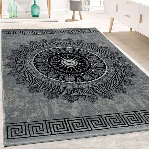 Paco Home Tapis De Créateur Salon Motif Mandala Poils Ras Style Baroque Gris Noir Dimension120x170 Cm