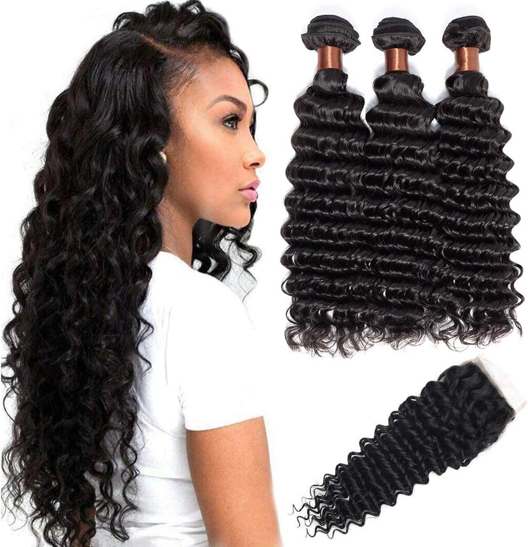 BLACKMOON HAIR Brazilian Virgin Deep Wave Hair 3 Bundles With Free Part Closure Natural Black Color 100% Unprocessed Human Hair Weaves Weft with Lace Closure (22 24 26+18 closure, Free Part)