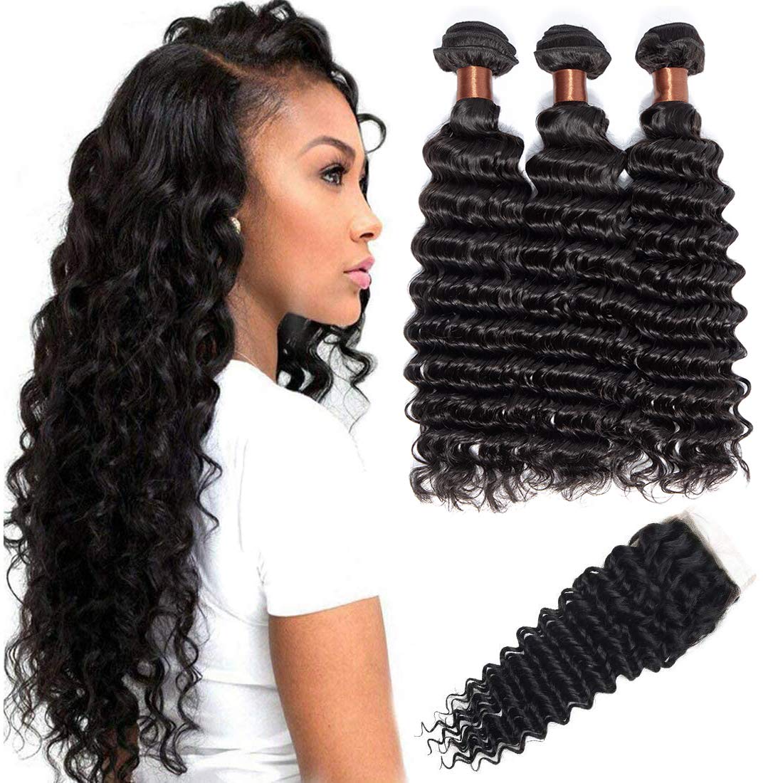 BLACKMOON HAIR Brazilian Virgin Deep Wave Hair 3 Bundles With Free Part Closure Natural Black Color 100% Unprocessed Human Hair Weaves Weft with Lace Closure (22 24 26+18 closure, Free Part)
