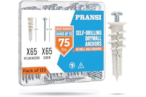 PRANSI 130pcs Drywall Anchors and Screws Kit – #8 x 1-1/4” Self Drilling Anchors – No Pre-Drill Required – Heavy Duty Wall Anchors for Drywall – Holds Up to 75lbs