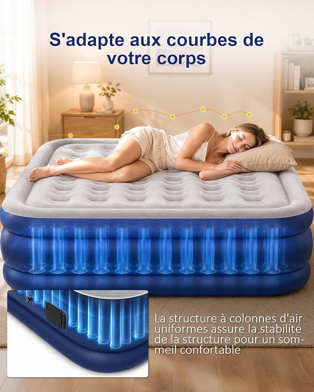 Matelas Gonflable 2 Personnes,200x152x40cm,2600mAh,Charge Max 450kg