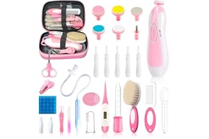 QUNLIONS LIFE 28 in 1 Baby Healthcare and Grooming Kit, Infant Baby Nursery Kit Electric Nail Trimmer Set with Gas Colic Passer Nasal Aspirator Nail Clipper Hair Brush Comb for Newborn Girls Boys (Pink)