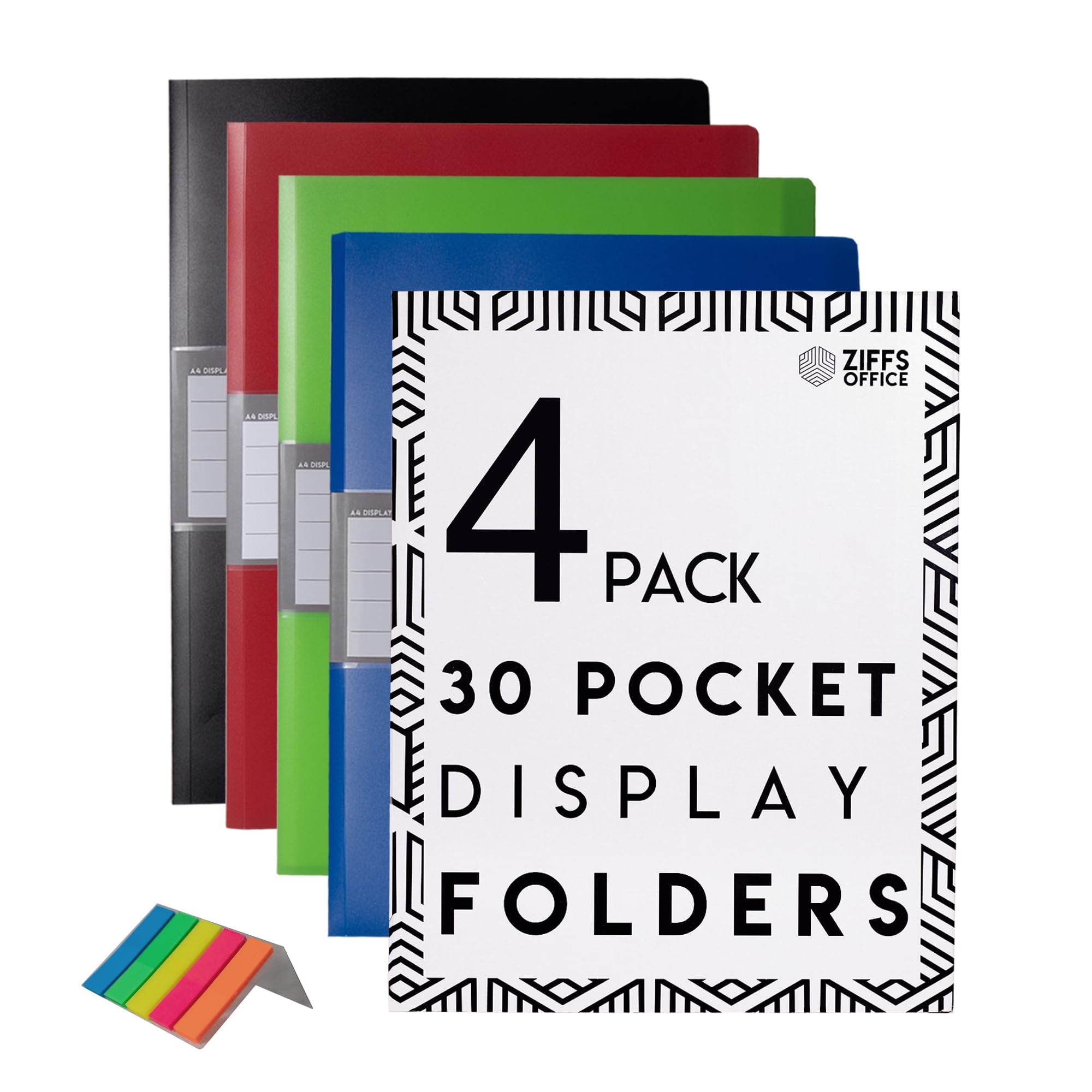 Ziffs Office® 4 x 30 Pocket A4 Display Folders - A4 Display Folders with Plastic Pockets - Display Book - Presentation Folders - 250 Sticky Labels Included - Project Folder - British Brand
