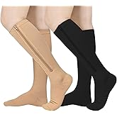 Athbavib 2 Pairs Zipper Compression Socks, 15-20 mmHg Closed Toe Compression Stocking with Zipper for Women and Men