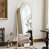 DMWOODFL 58"x18" Arched Full Length Mirror - Floor Standing or Wall Mounted with Stand, Aluminum Frame & Shatter-Proof Glass, Gold Freestanding Mirror for Bedroom, Living Room, Entryway Decor
