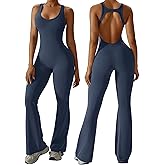 OEAK Womens Flare Jumpsuit with Bra Tummy Control Cutout Romper Workout Outfit Sleeveless Unitard One Piece Backless Bodysuit