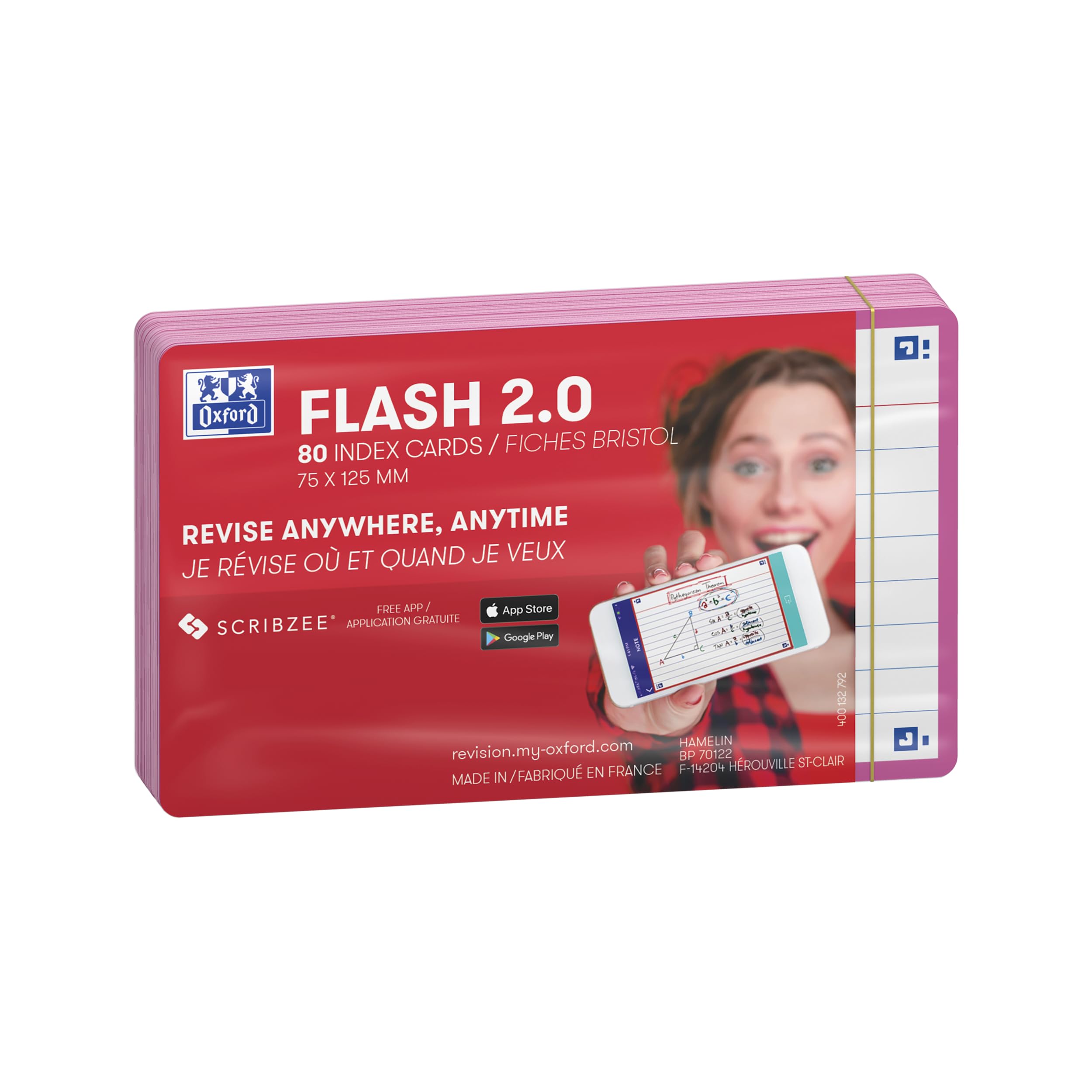 Oxford Flash 2.0 Index Cards A7, Flashcards, 75 x 125 mm, Lined, Fuchsia, 80 Sheets