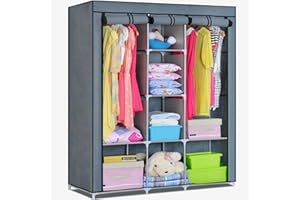 MKSY 50 Inch Portable Closet, Closet Wardrobe Storage Organizer with 8 Shelves, Cover and Side Pockets for Hanging Clothes, Dust-Proof Non-Woven Fabric, Easy Assembly (Grey)