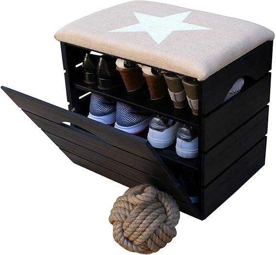 Liza Line Zapatero de Madera con Puerta (Negro), Asiento de Tela