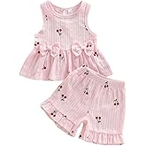 Kupretty Toddler Baby Girl Valentines Day Outfit Heart Sleeveless Ruffle Vest Tank Tops + Ruffled Shorts Set Summer Clothes