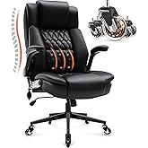 HAMAOKA Large High Back Office Chair - Adjustable Lumbar Support, Flip Up Arms, Heavy Duty Metal Base, Breathable Bonded Leather, 2 Storage Bags, Black