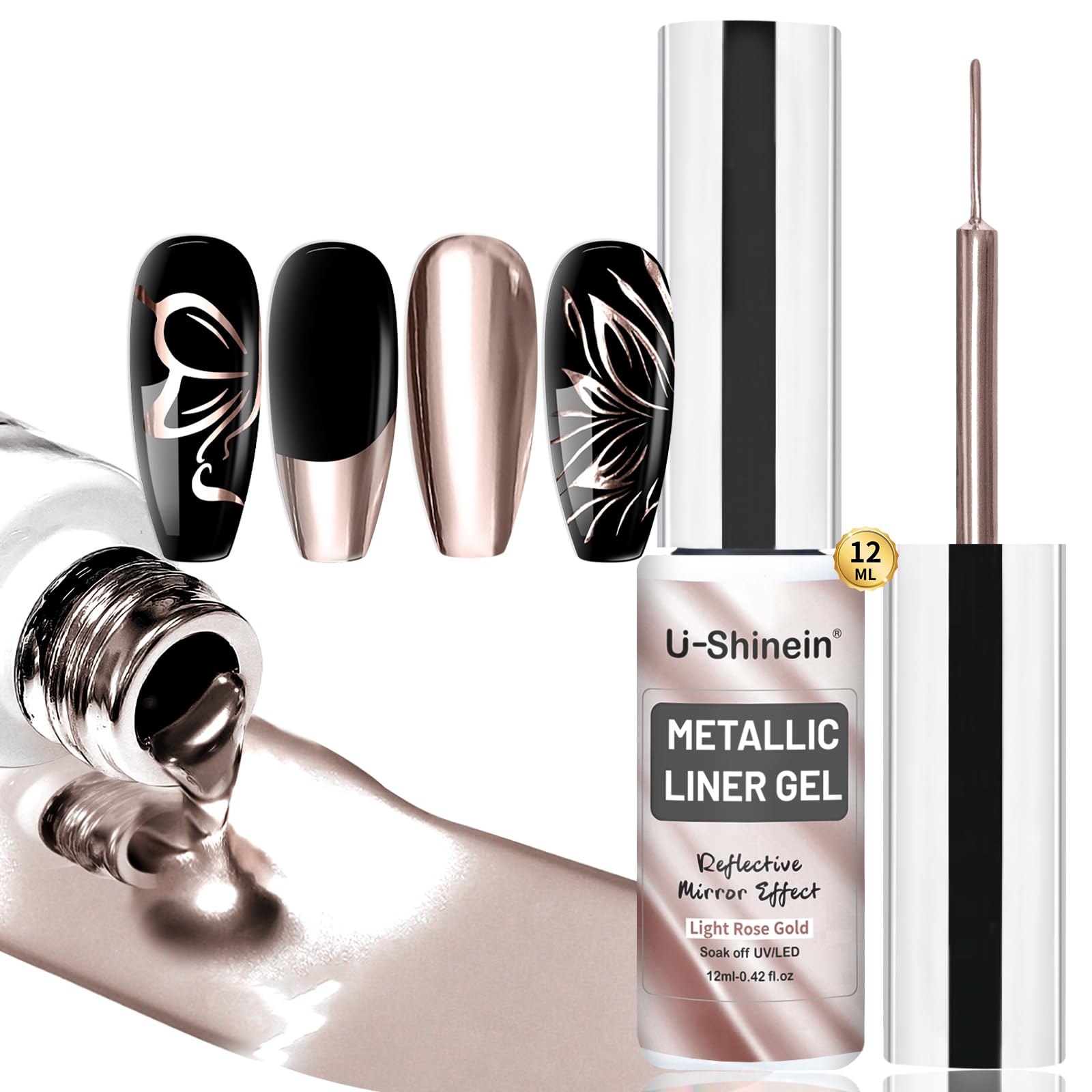 U-Shinein Metallic Painting Gel, Nail Art 3D Mirror Effect Gel Nail Polish, Painted Drawing Gel, Build in Thin Brush Soak Off Gel for Salon Home DIY Manicure, Light Rose Gold