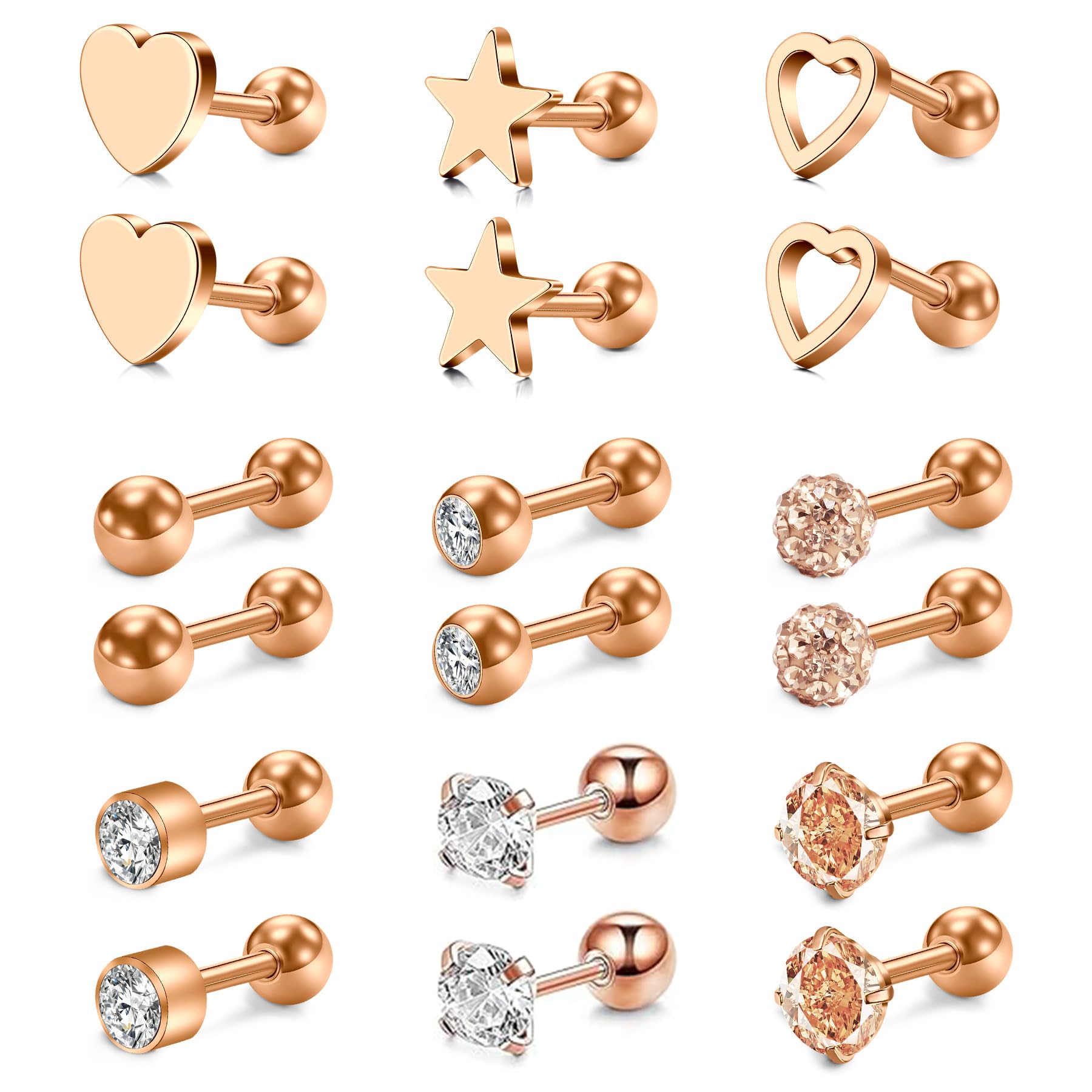 AceFun 9Pairs16G Stainless Steel Cartilage CZ Stud Earrings for Women Girls Helix Tragus Daith Piercing Jewelry 6mm