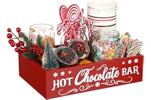 Geetery Christmas Hot Cocoa Bar Wood Station Organizer Countertop with 4 Compartment Cocoa Decorative Storage Bins Vintage Open Holder Box for Xmas Holiday Gift Party Home Supplies(Red)