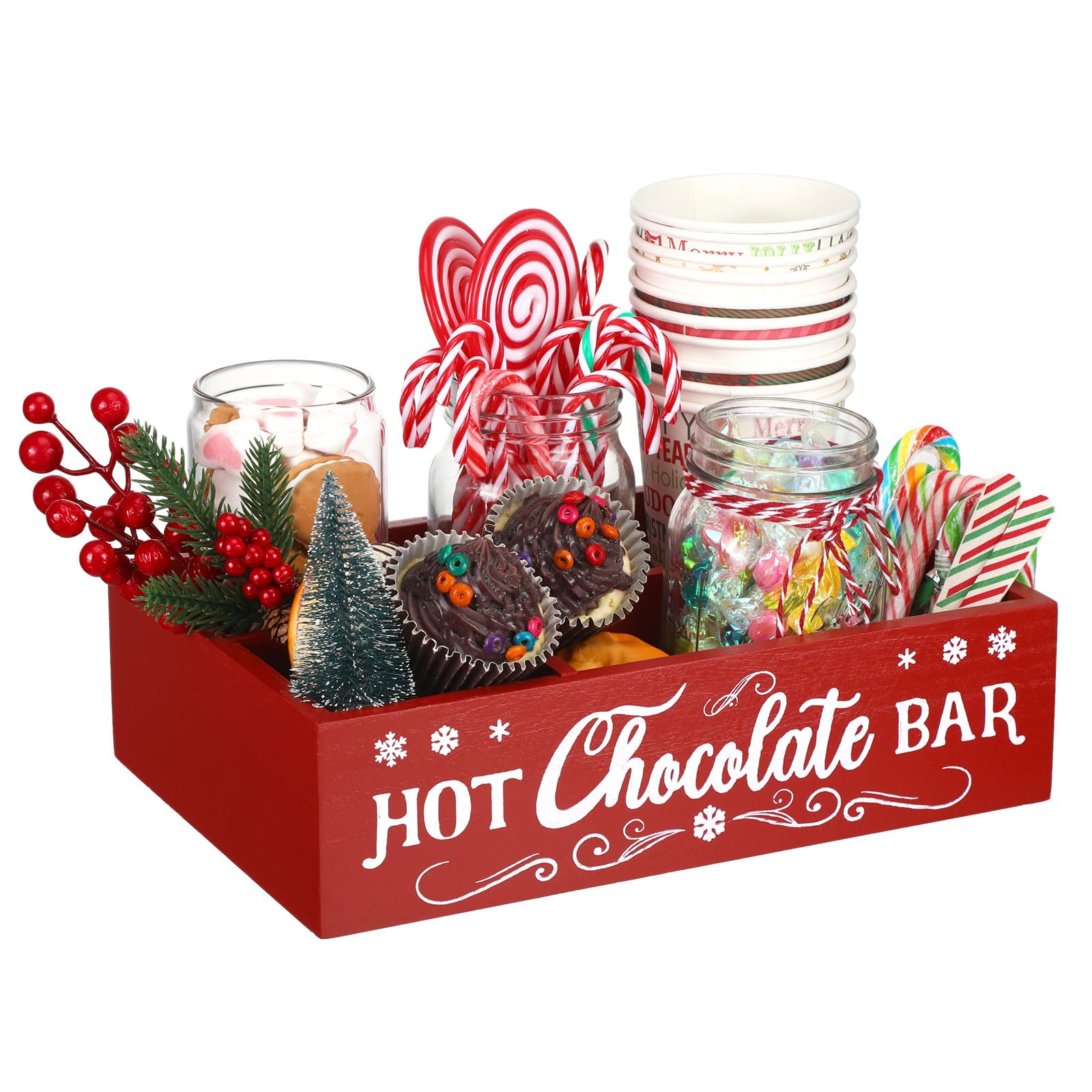 Photo 1 of Geetery Christmas Hot Cocoa Bar Wood Station Organizer Countertop with 4 Compartment Cocoa Decorative Storage Bins Vintage Open Holder Box for Xmas Holiday Gift Party Home Supplies(Red)