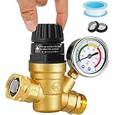 Drphiru RV Water Pressure Regulator Adjustable Lead-Free Brass Water Reducer Valve,Pressure Regulator with 0-140 PSI Gauge & Filters for RV Camper Travel Trailer