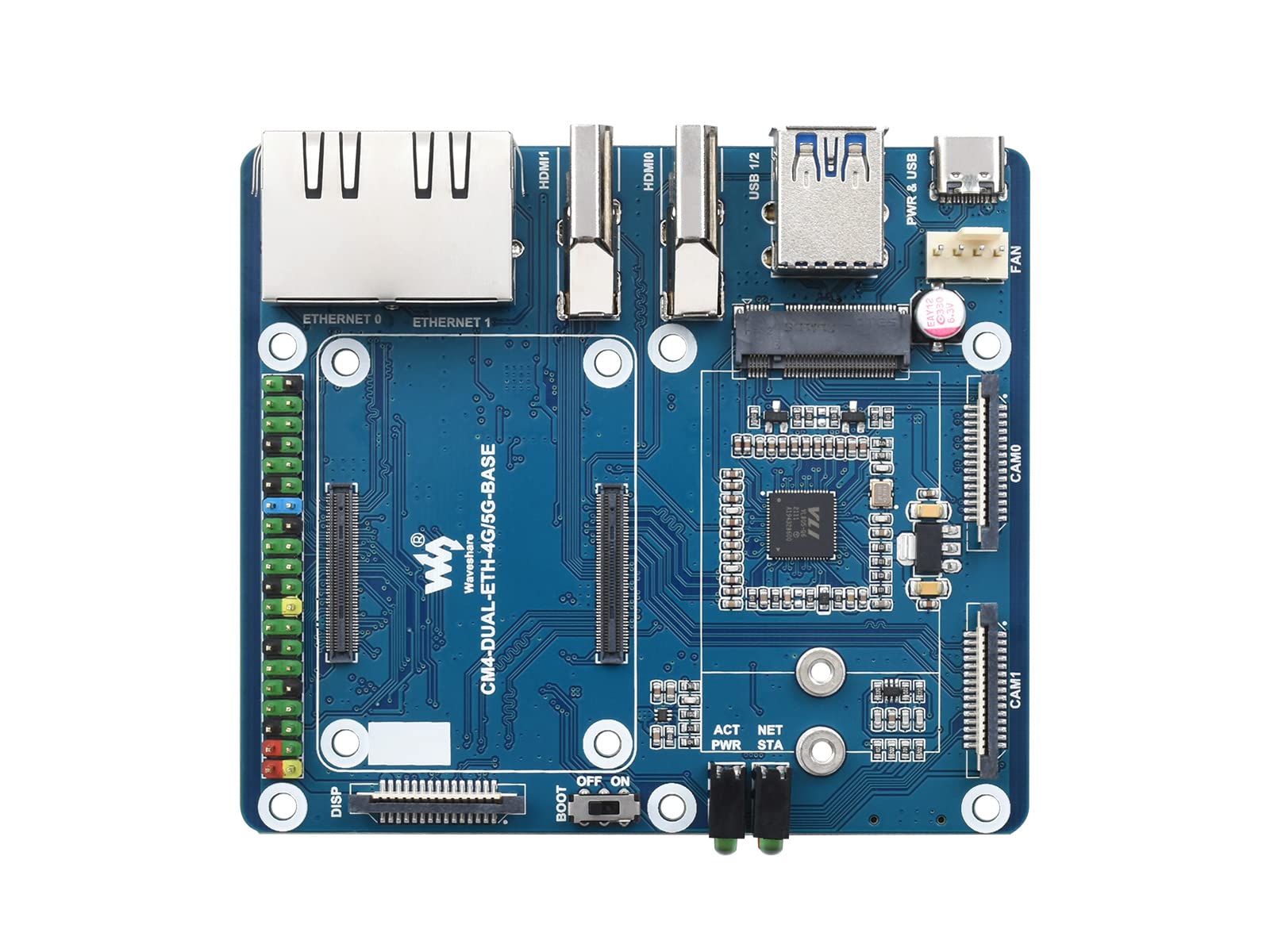 Waveshare Dual Gigabit Ethernet 5G/4G Base Board Designed for Raspberry Pi Compute Module 4 Compatible With Communication Modules With M.2 B KEY Interface