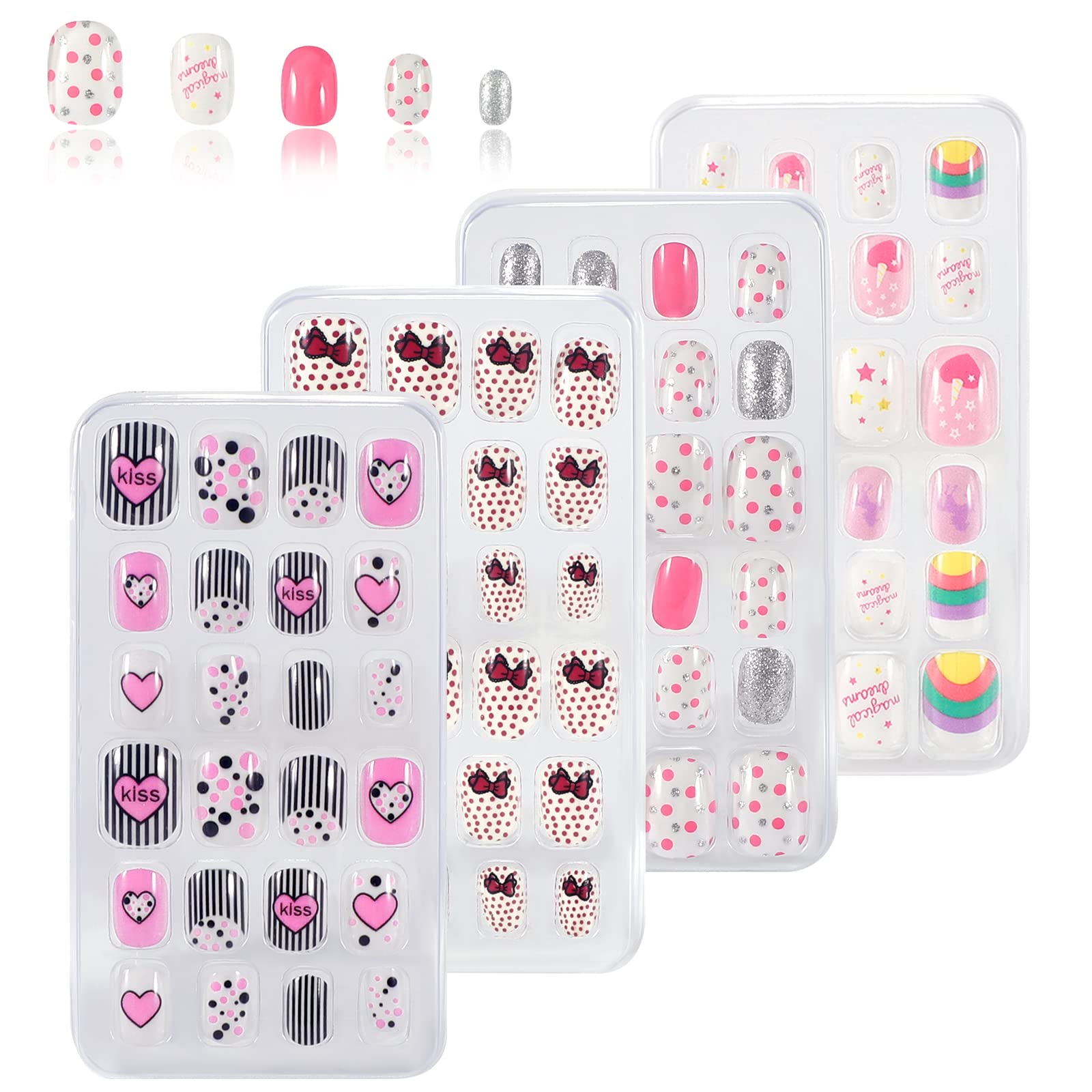 SAVITA 96Pcs Kids False Nails Press on Colorful Pre-glue Full Cover Short False Nails Fake Nails for Girls Lovely Gift for Children Nail Art Decoration, 4 Boxes