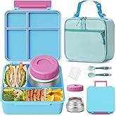 Kids Bento Lunch Box with Thermos, Leakproof Toddler Bento Box with 9 OZ Insulated Food Jar, Lunch Bag & Utensils 3 or 4 Compartment Container for School Girls Boys