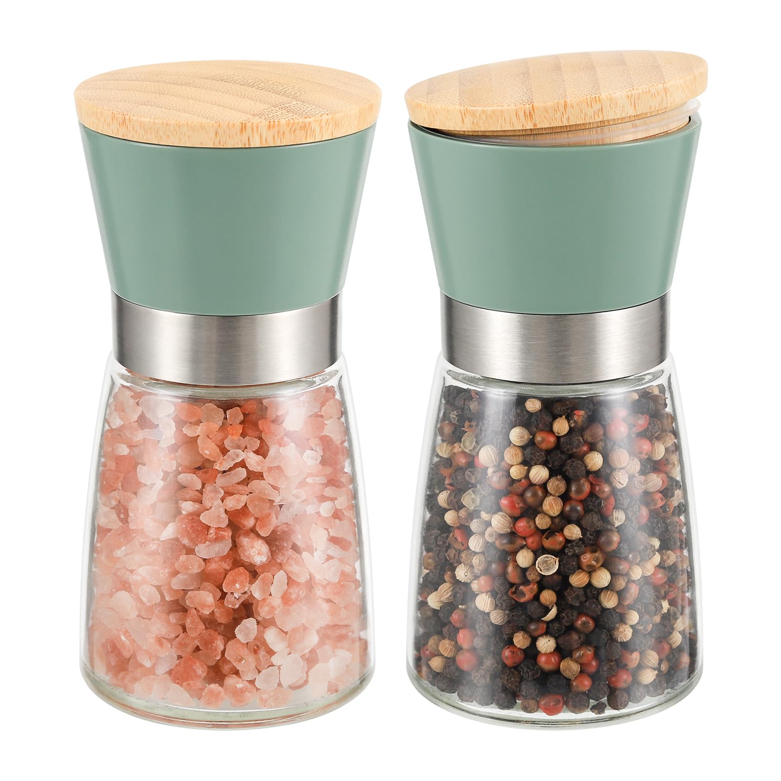 Vucchini Salt and Pepper Grinders 2 Set with Ceramic Core Cinnamon,Adjustable Coarseness,Green,Bamboo,Spice Mills,Home Kitchen Birthday,Housewarming Gifts