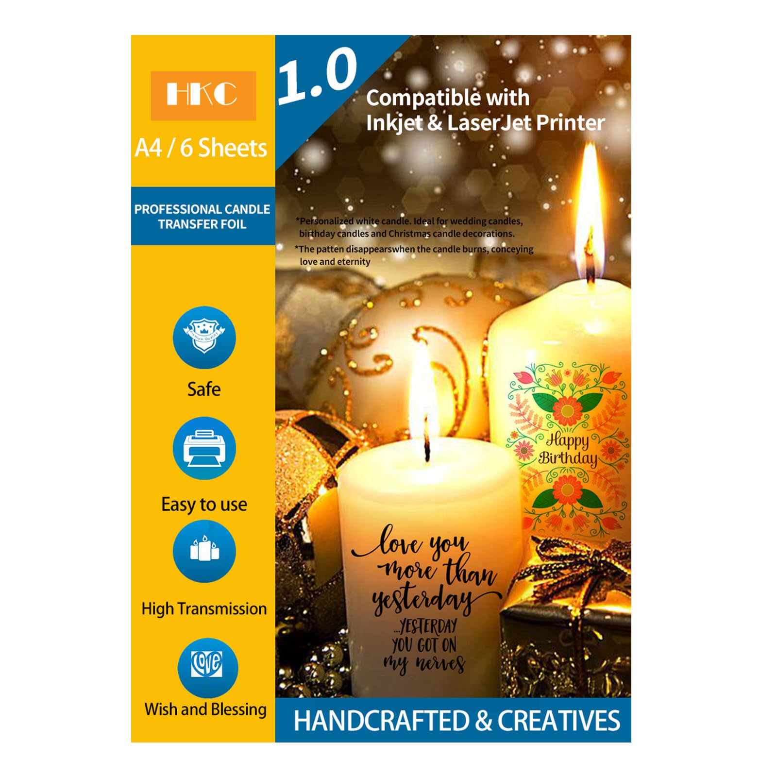 HKC Candle Tattoos Printable, Candle Transfer Film for Laser Printer/Inkjet Printer, Water Slide Film for Candles, Candle Transfer Film for Christmas, Wedding, Holiday Decoration, A4 x 6 Sets