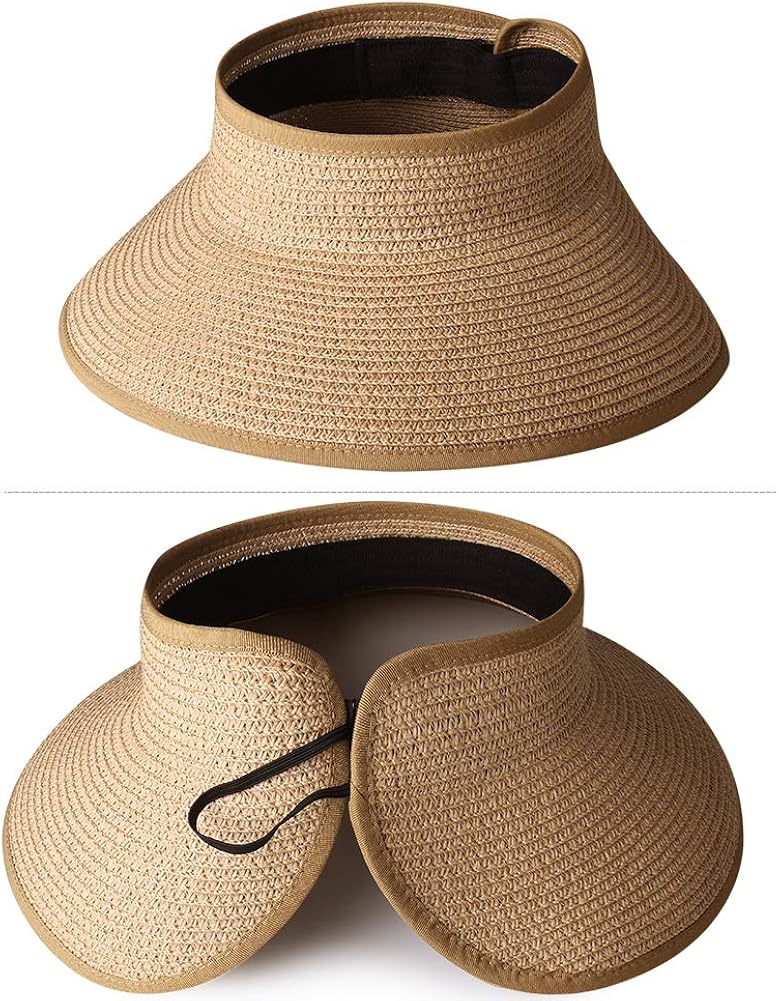 FURTALK Roll Up Sun Visor Wide Brim Straw Hats for Women Ponytail Summer Beach Hat UV UPF Travel Foldable Packable (One Size, Pure Khaki) at  Women’s Clothing store