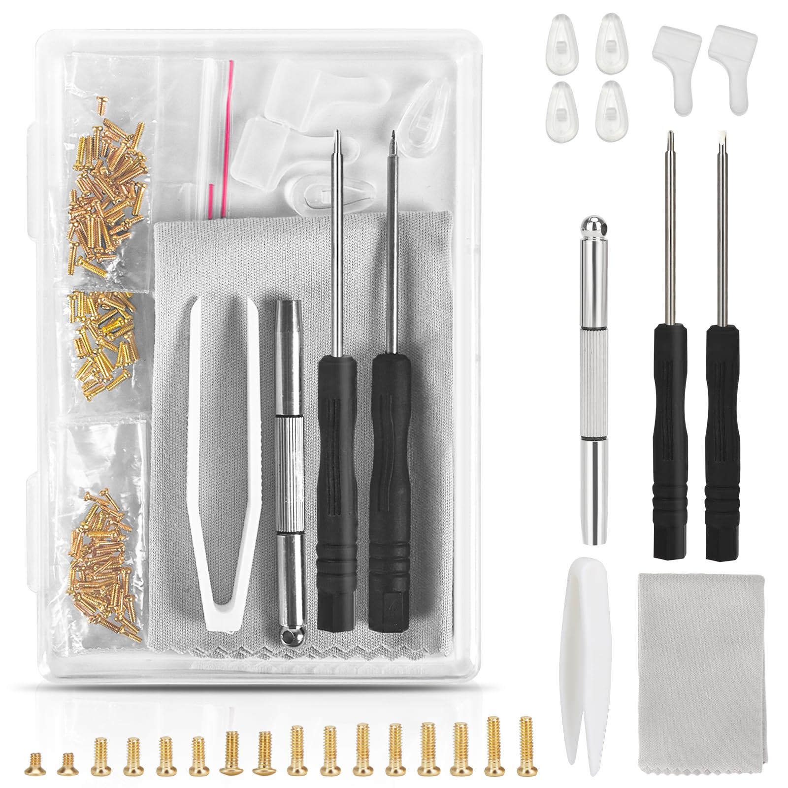 AccEncyc Gold Eyeglass Repair Tool Kit Eye Glass Repair Kit Eye Glasses Repairing Screwdriver Set with Eyeglass Screws, Nose Pads, Small Screwdriver, Tweezers for Glasses Sunglasses Watch Clock Repair