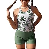 BEAUDRM Girl's 2 Piece Tankini Set Tropical Print Bathing Suits Hawaiian Swimsuits with Shorts Beachwear Tankini