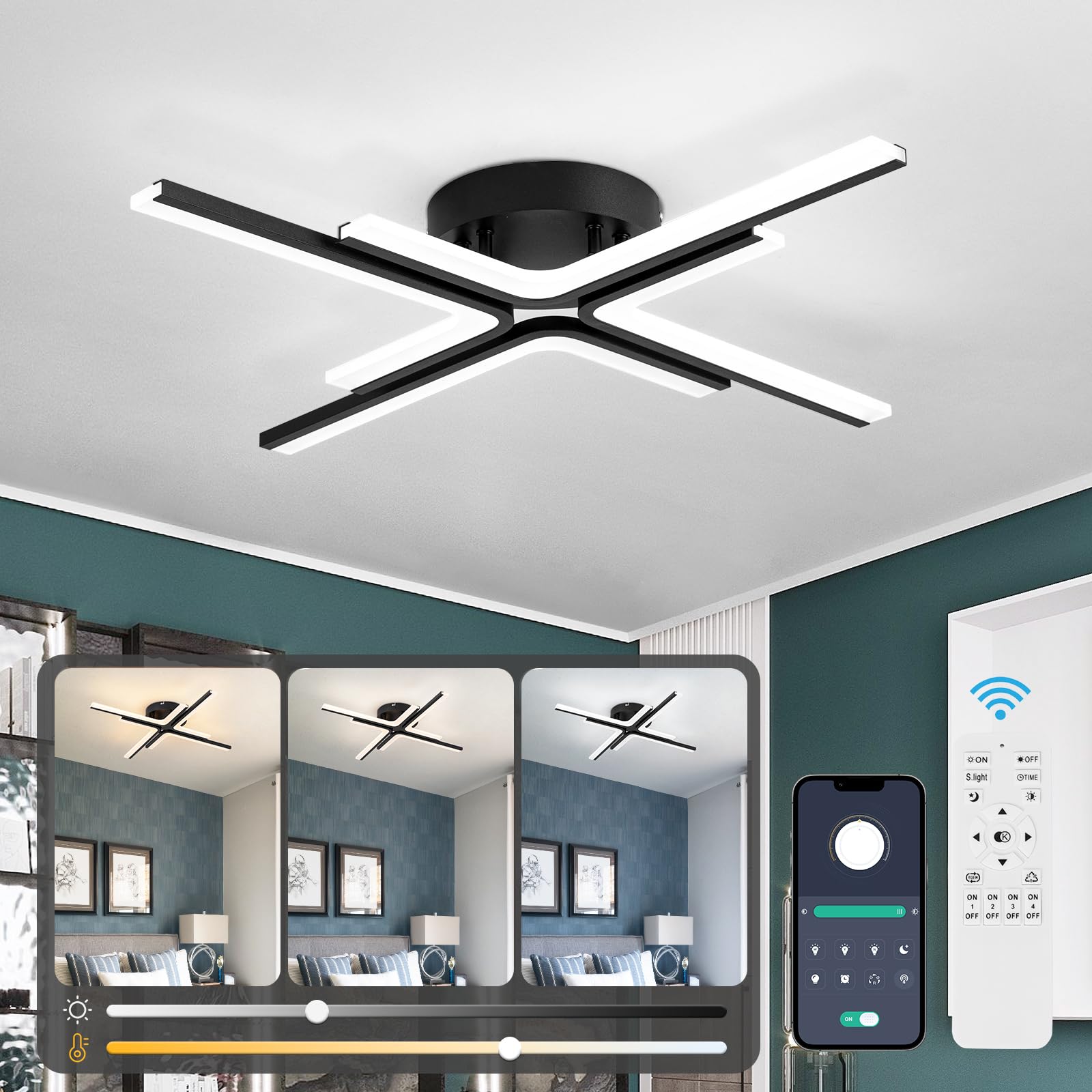 Photo 1 of **NOT IN ORIGINAL BOX/MISSING PARTS***JERANDO Modern LED Ceiling Light Fixture, 21W Sputnik Flush Mount Ceiling Lights with Remote Control, Black Acrylic Chandelier Ceiling Lighting for Bedroom, Living Room, Kitchen, Office