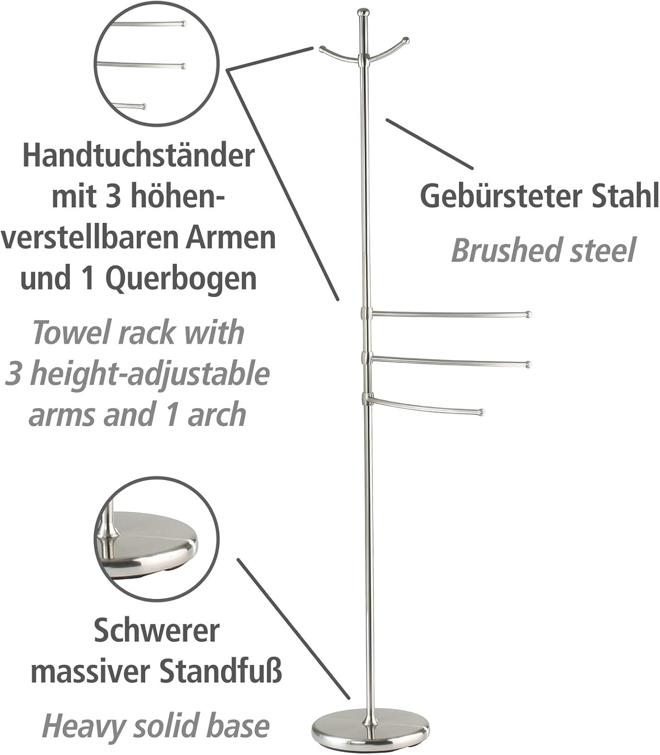 Wenko 16827100 Towel Stand Adiamo Clothes Stand, Metal Steel, 28 x 170 x 28 cm, Matt, Silver - Image 3