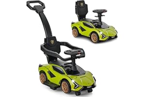 INFANS 3 in 1 Ride on Push Car, Licensed Lamborghini Baby Stroller Sliding Walking Car with Push Handle, Music, USB, Headlight, Under Seat Storage, Kids Foot-to-Floor Toy for 18-60 Months (Green)