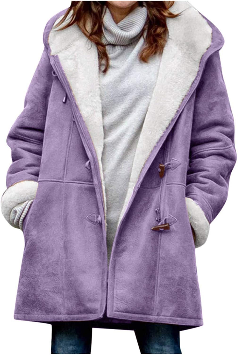 Address Signs - Women's Winter Warm Sherpa Lined Suede Leather Longline Coat with Horn Buttons Teddy Coat Outerwear