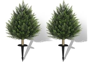 VITALISMO 24 Inch 2 Set Artificial Cypress Topiary Tree, Outdoor Indoor Faux Boxwood Bush Plants, Fake Cedar Potted with Ground Spike for Home Front Porch Decor Outside Garden