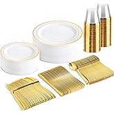 bUCLA 150PCS Gold Plastic Dinnerware Set Disposable - Heavy Duty Gold Plates Include 25 Dinner & 25 Dessert Plates,25 Forks,25 Knives,25 Spoons&25 Cups for Party&Wedding