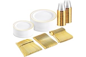 bUCLA 150PCS Gold Plastic Dinnerware Set Disposable - Heavy Duty Gold Plates Include 25 Dinner & 25 Dessert Plates,25 Forks,25 Knives,25 Spoons&25 Cups for Party&Wedding