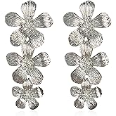 QIAOLEHUI Bohemian Alloy Flower Floral Stud Earrings Triple Flower Drop Dangle Earrings Statement Wedding Party Jewelry for Women