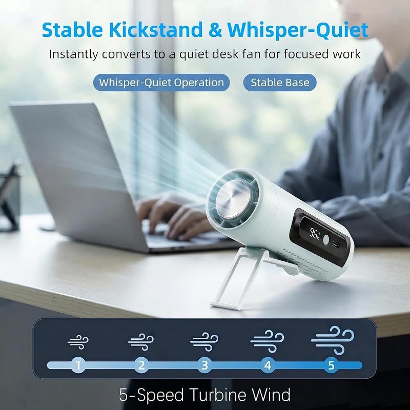 Mini Ventilateur Portable 3 en 1 à Main Rechargeable avec Plaque Rafraîchissante, 5 Vitesses, Écran LED, USB-C, Support, Clip Ceinture et Lampe pour Voyage Bureau Maison (Bleu) — photo 5 sur 8