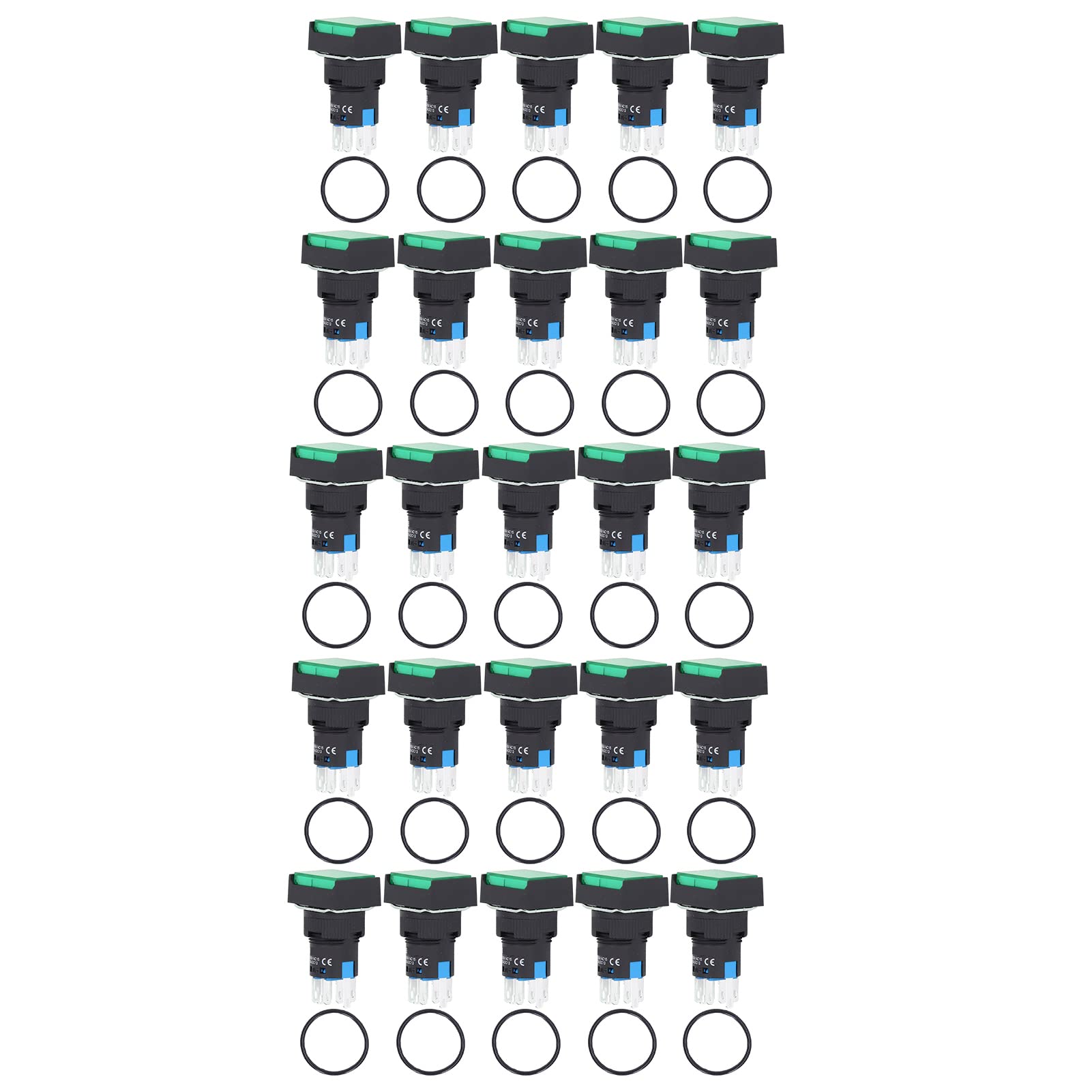 EVTSCAN 25Pcs Squares Push Button Switch ABS Brass Self Locking with Light for Distribution Box 16mm 24V(Green)