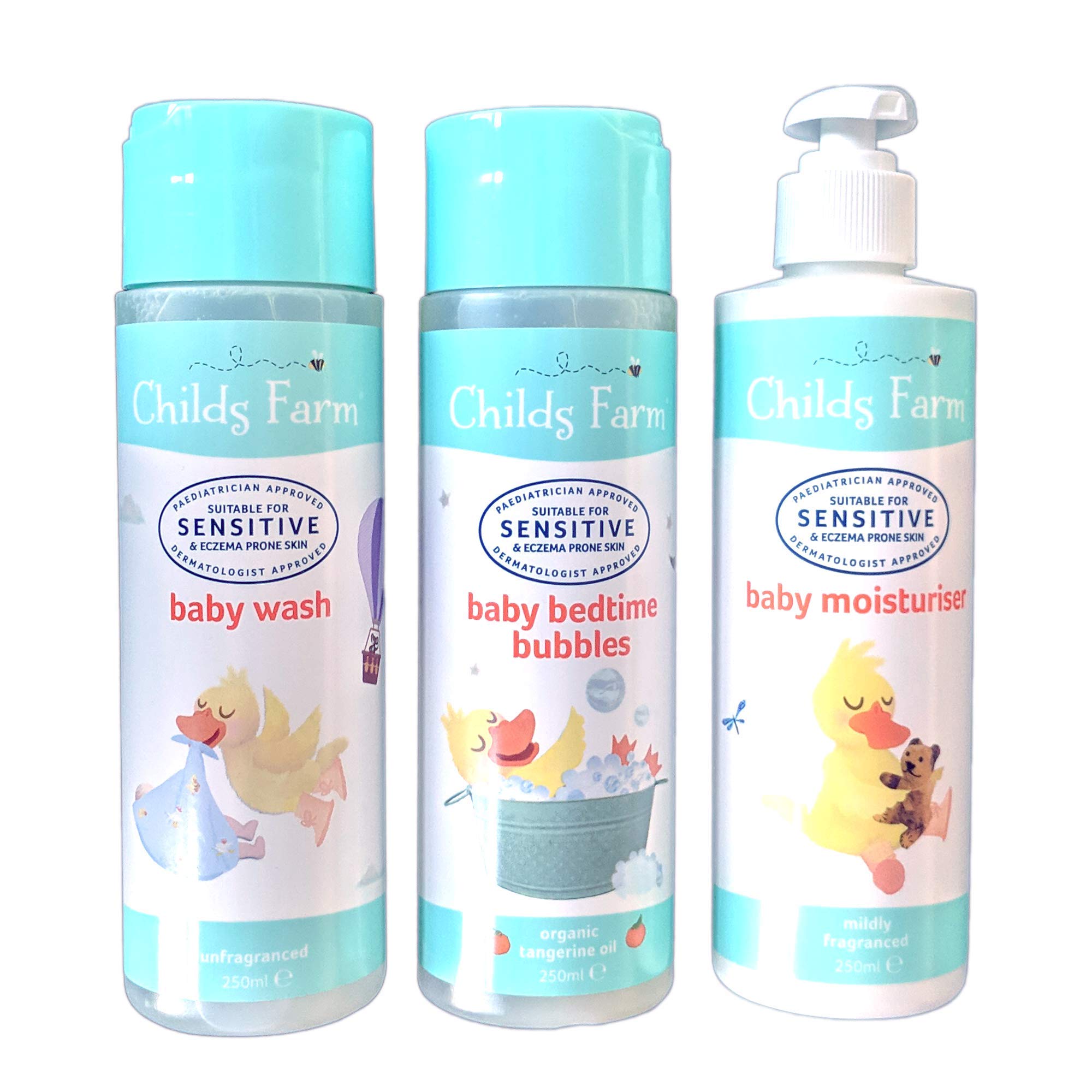 Childs Farm Moisturise Babys Soft Skin| Bubbles Moisturiser Body Wash| Unfragranced Sensitive Skin| Eczema Prone Skin| Organic Products| 3 Pack Newborn & Upwards Sleep Routine