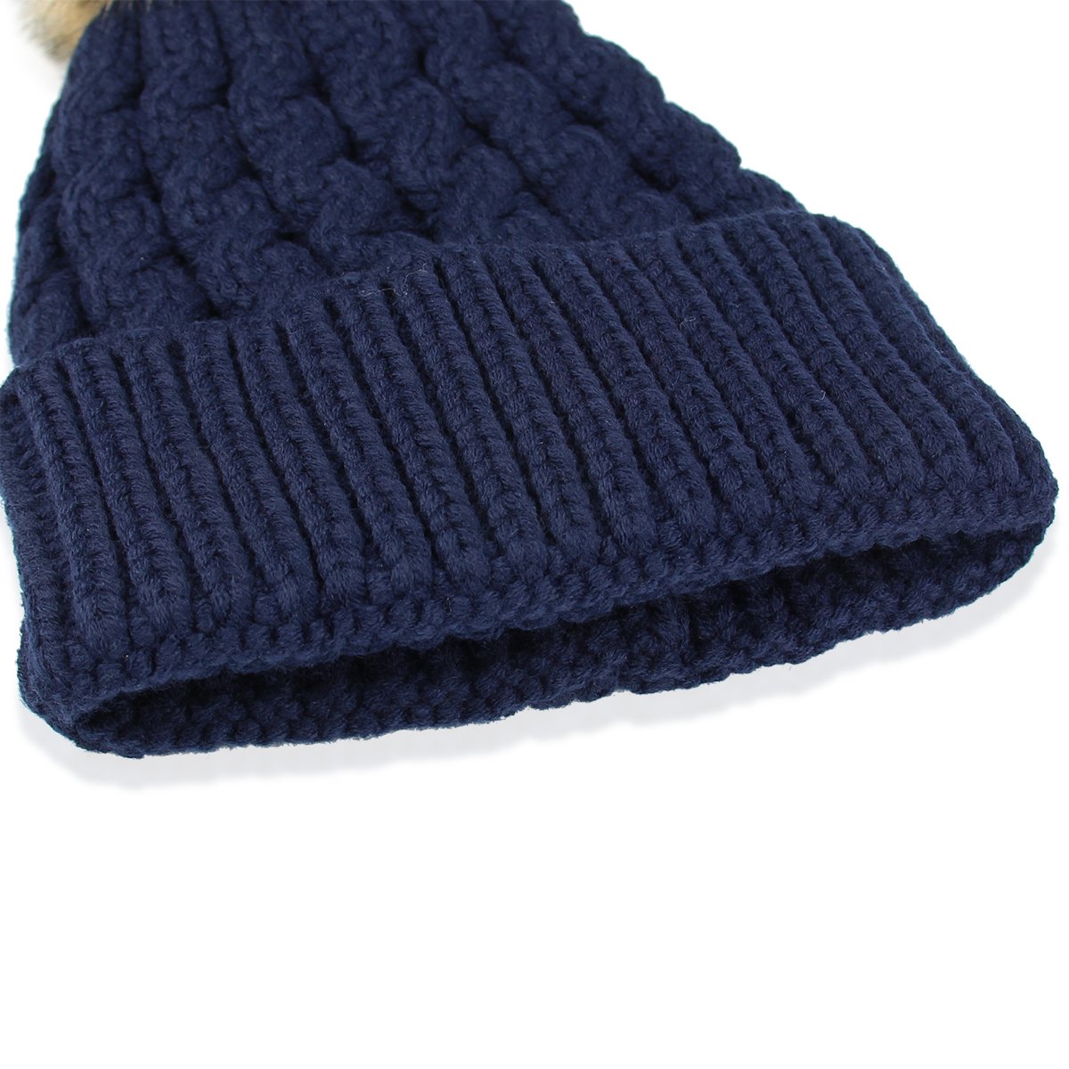 2 Pack Womens Knitted Chunky Beanie Faux Fur Pom Pom Beanie