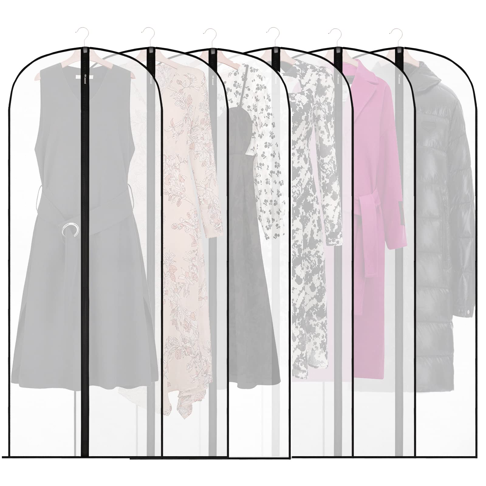 6Pack Breathable Clothes Covers with Zip, 160cm Hanging Garment Covers Bags, Dress Bag Covers, Moth-Proof Mens Suit Storage Bag, Dust Cover for Wardrobe Storage Travel, Clear