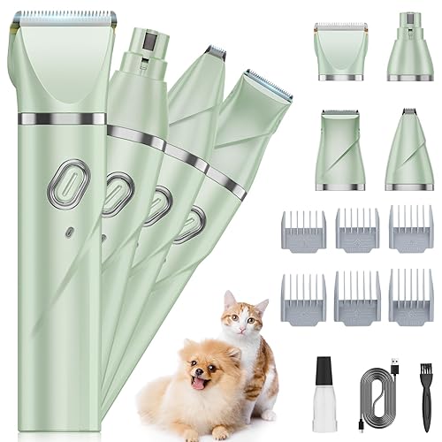 QREEYX Upgrade Dog Grooming Kit, Cordless Dog Paw Trimmer, 4 in 1 Low Noise Pets Hair Clipper Grooming Kit, 2-Speed Nail Grinder with Stainless Steel Blade for Small Pet with Thick Coats (Green)